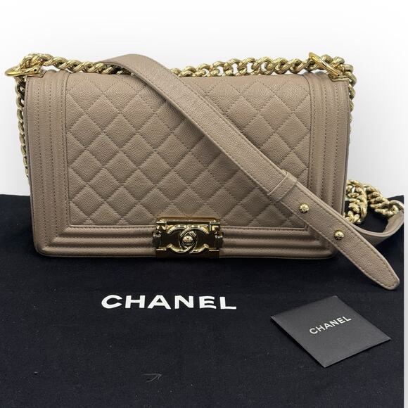 Medium Boy Flap Bag Quilted Caviar Leather Beige Authentic - Picture 1 of 16